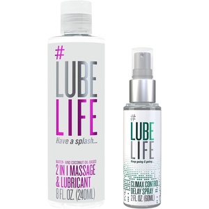 Lube Life Slow and Slippery Set, 2-in-1 Massage & Lubricant 8 Fl Oz, Climax Control Delay Spray 2 Fl Oz, Water & Coconut Oil Based Lube, Stamina-Enhancing, for Men and Couples