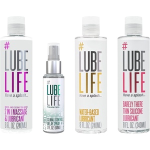 LubeLife Staycation Combination, 2-in-1 Massage & Lubricant, Climax Control Delay Spray 2 Fl Oz, Water-Based 8 Fl Oz, Barely There Thin Silicone Lubricant 8 Fl Oz, for Men, Women